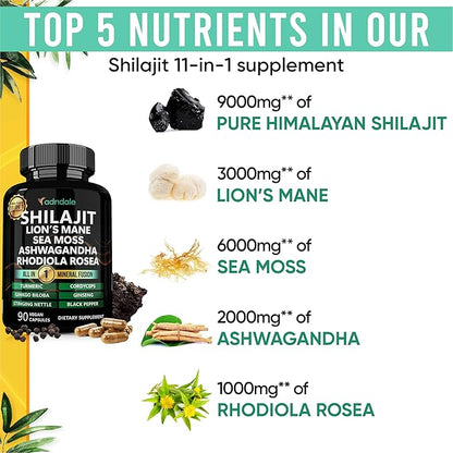 Shilajit for Men 11-in-1 Pure Himalayan Organic Shilajit Capsules with Sea Moss Ashwagandha Rhodiola Rosea Panax Ginseng Turmeric Lion’s Mane Ginkgo. Shilajit Capsules for Women.