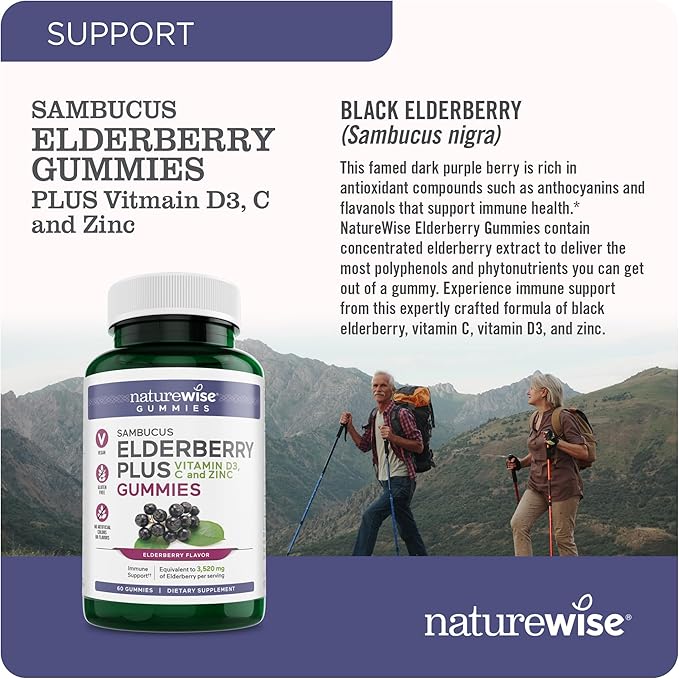 NatureWise Sambucus Elderberry Gummies - Immune Support Supplement for Kids Ages 4+ & Adults with Vitamin C, D3, Zinc - Elderberries Equivalent to 3520mg - Vegan, Non-GMO - 180 Count[90-Day Supply]