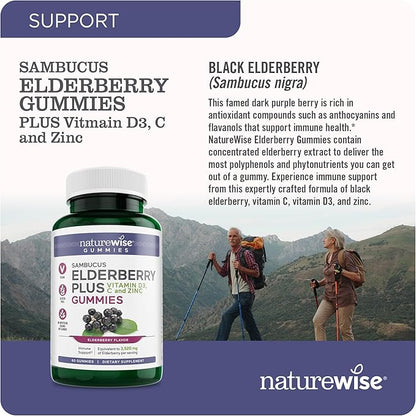 NatureWise Sambucus Elderberry Gummies - Immune Support Supplement for Kids Ages 4+ & Adults with Vitamin C, D3, Zinc - Elderberries Equivalent to 3520mg - Vegan, Non-GMO - 180 Count[90-Day Supply]