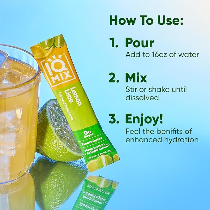 IQMIX Sugar Free Electrolytes Powder Packets - Hydration Supplement Drink Mix with Keto Electrolytes, Lions Mane, Magnesium L-Threonate, and Potassium Citrate - Lemon Lime (20 Count)