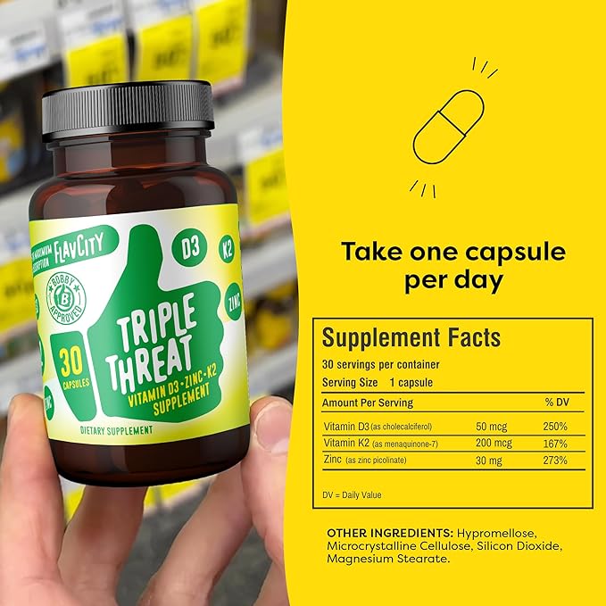 FlavCity Vitamin D Supplement, Triple Threat - 3-in-1 Dietary Supplement for Immune Support - Made with Vitamin D3, Zinc & Vitamin K2 for Maximum Absorption - 30 Capsules