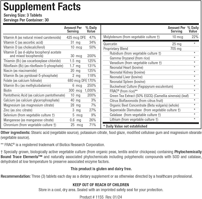 Biotics Research Bio Trophic Plus Food Form Comprehensive Multivitamin Mineral, Glandular Support, Organic Beet Concentrate, Citrus Bioflavonoids, SOD, Catalase. 90 Tabs