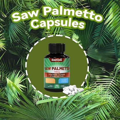 Saw Palmetto Supplement, Saw Palmetto Extract 750mg, with Lycopene, Pumpkin Seed Powder, for Men and Women,Non-GMOs & Gluten, Vegan, 90 Count Capsules（Pack of 2）