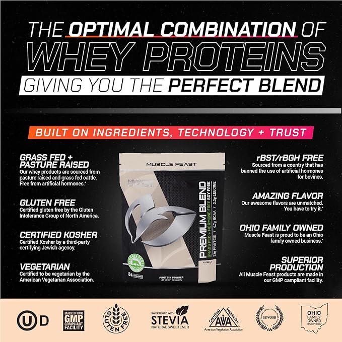 Muscle Feast Premium Blend All Natural Hormone Free Grass-Fed Whey Protein Powder, Vanilla, 2lb