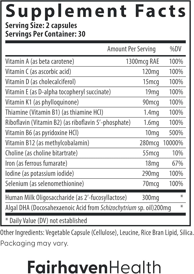 Fairhaven Health Postnatal Multivitamin Essentials | Vegan Daily Multivitamin for Postpartum Women | Breastfeeding Mother and Baby Development Support | Gluten, Dairy, Soy Free | Non-GMO | 60 Capsules