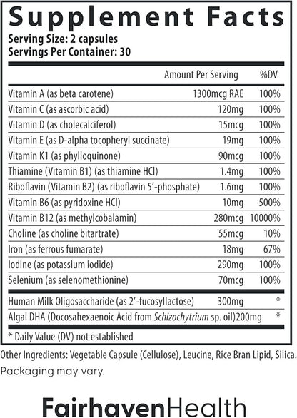 Fairhaven Health Postnatal Multivitamin Essentials | Vegan Daily Multivitamin for Postpartum Women | Breastfeeding Mother and Baby Development Support | Gluten, Dairy, Soy Free | Non-GMO | 60 Capsules