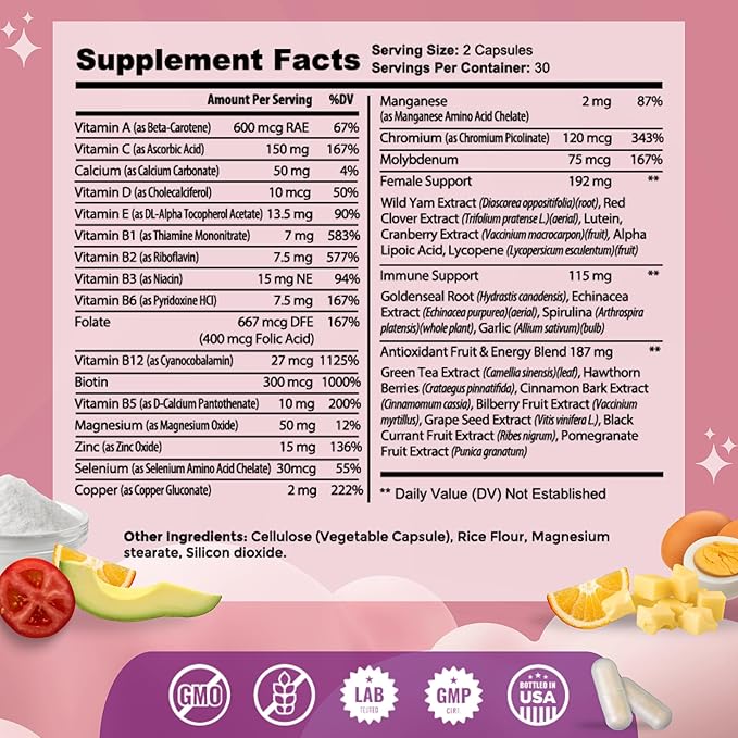 Mommyz Love Womens Multivitamin - Comprehensive Womens Daily Multivitamins for Women's Health, Energy, Focus, Mood, Hair, Skin, and Nails (60 Capsules)