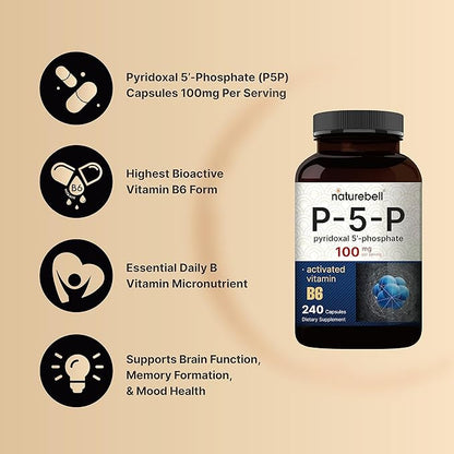 NatureBell P5P Vitamin B6 100mg Per Serving, 240 Capsules | Activated Pyridoxal 5 Phosphate Supplements – Essential B Vitamins for Brain & Memory Health – Non-GMO
