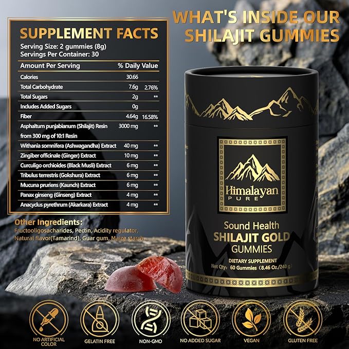 Pure Himalayan Shilajit Gummies Gold I Lab Tested I No Added Sugar I Ashwagandha, Gokshura| Fulvic Acid & 85+ Trace Minerals I for Men, Women I Non-GMO I 100% Natural & Organic I 60 Gummy
