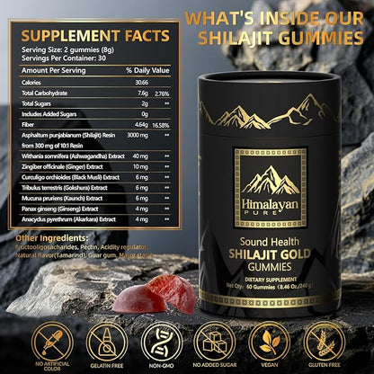 Pure Himalayan Shilajit Gummies Gold I Lab Tested I No Added Sugar I Ashwagandha, Gokshura| Fulvic Acid & 85+ Trace Minerals I for Men, Women I Non-GMO I 100% Natural & Organic I 60 Gummy