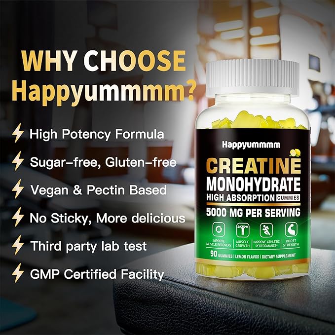 Creatine Monohydrate Gummies 5g for Men Women - Sugar Free Chewable Supplement. 90 Gummies Lemon.