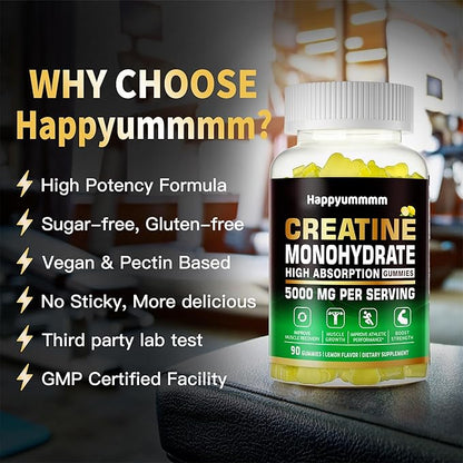 Creatine Monohydrate Gummies 5g for Men Women - Sugar Free Chewable Supplement. 90 Gummies Lemon.