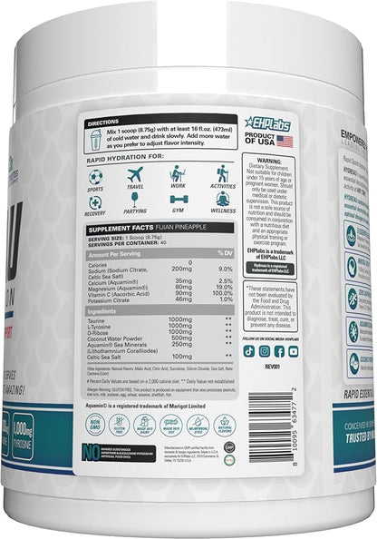 EHP Labs Hydreau Electrolytes Powder No Sugar - Hydration Powder for Endurance & Energy - Electrolyte Powder for Men & Women - Sugar Free Electrolytes - Fijian Pineapple (40 Serves)