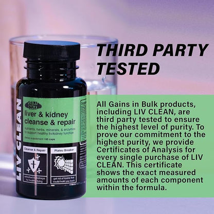 Gains in Bulk LIV Clean Liver and Kidney Cleanse & Repair | Supports Healthy Liver/Kidney Function | Fat and Toxin Reducing Beet Fiber Supplement | 60 Vegetarian Capsules