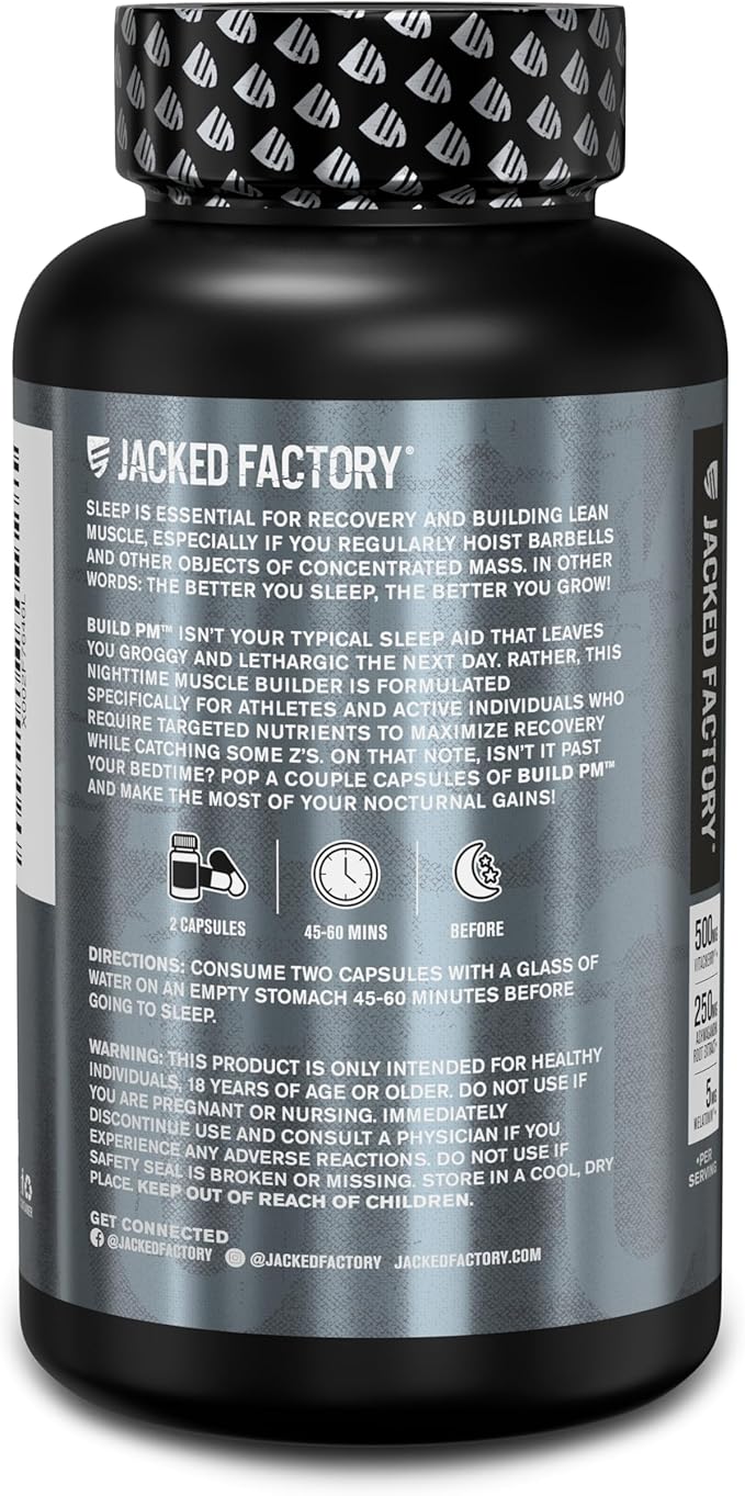 Jacked Factory Build PM Night Time Muscle Builder & Sleep Aid - Post Workout Recovery & Sleep Support Supplement w/VitaCherry Tart Cherry, Ashwagandha, & Melatonin - 60 Natural Veggie Pills