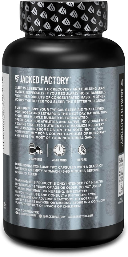 Jacked Factory Build PM Night Time Muscle Builder & Sleep Aid - Post Workout Recovery & Sleep Support Supplement w/VitaCherry Tart Cherry, Ashwagandha, & Melatonin - 60 Natural Veggie Pills