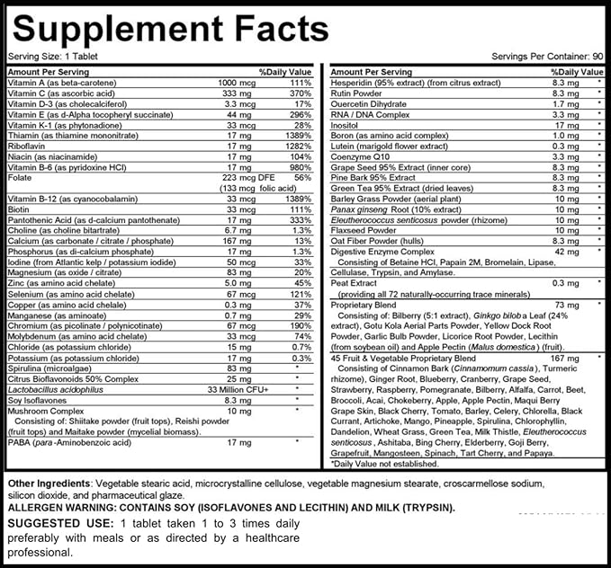 MEGAV-1 Multi-Vitamin, Superfood & Minerals - Daily Multivitamin with Probiotics, Digestive Enzyme, Mushroom Complex for Heart Health, Immune Support, Energy & Stamina - 90 Tablets