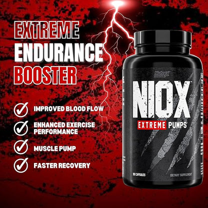 Nutrex Research NIOX Extreme Pumps - 180-Count Pre-Workout Pump Supplement with Arginine Nitrate, Vitamin C, AstraGin for Muscle Pump, Vascularity, Endurance, NO3-T