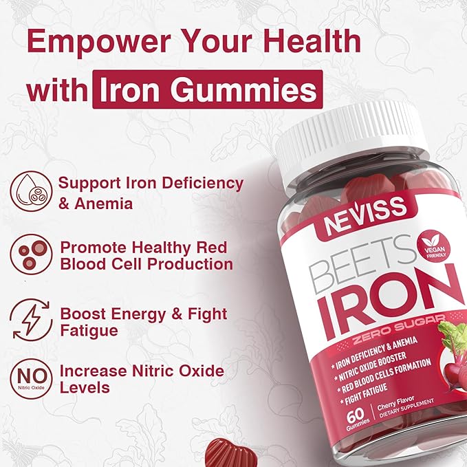 Sugar Free Iron Gummies, w/Beet Root, Vitamin C, B12, Folate for Iron Deficiency, Anemia, Energy Support, Non-Constipating, Gentle Iron Supplement for Women Men, No Rust Aftertaste, Vegan, 1 Pack