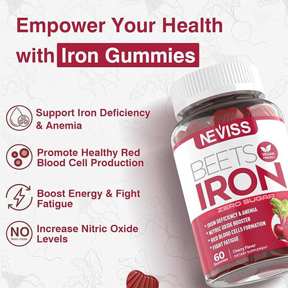 Sugar Free Iron Gummies, w/Beet Root, Vitamin C, B12, Folate for Iron Deficiency, Anemia, Energy Support, Non-Constipating, Gentle Iron Supplement for Women Men, No Rust Aftertaste, Vegan, 1 Pack