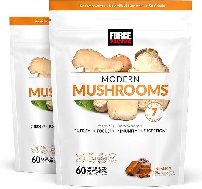 FORCE FACTOR Modern Mushrooms Soft Chews, Mushroom Supplement with Lions Mane, Turkey Tail, & Cordyceps to Support Energy, Immunity, & Digestion, Cinnamon Roll, 120 Soft Chews, 2-Pack