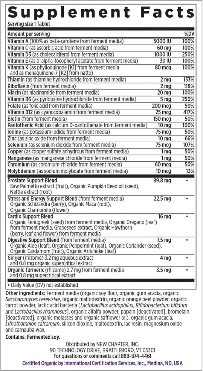 New Chapter Men's Multivitamin, Every Man's One Daily 40+, Fermented with Probiotics + Saw Palmetto + B Vitamins + Vitamin D3 + Organic Non-GMO Ingredients - 24 Count