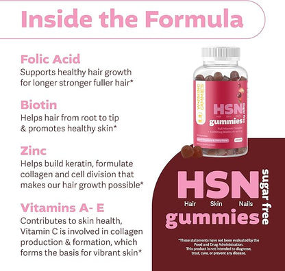 HSN Gummies - Hair Skin and Nails Gummies - Sugar Free Biotin Gummies 5000mcg with Full Vitamin Complex for Hair Growth, Healthy Skin, Nail Strength - 60 Ct Strawberry & Cherry Flavor