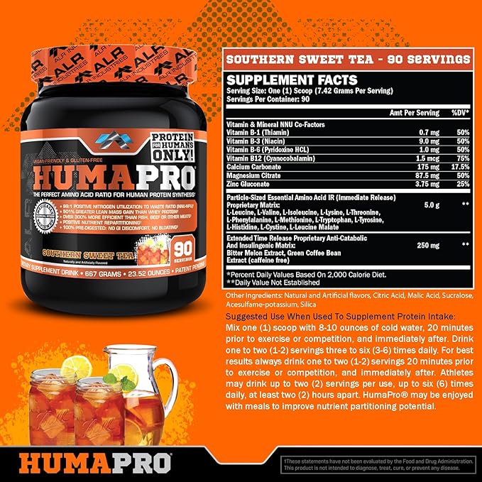 Humapro | Amino Acids Protein Matrix for Humans | 99% Utilization for Lean Muscle | Vegan, Gluten Free | 667g / 90 Servings (Southern Sweet Tea)