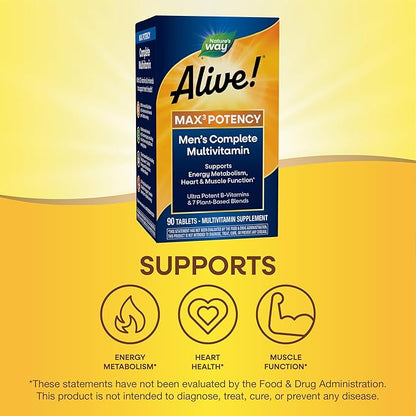Nature’s Way Alive! Men’s Max3 Potency Multivitamin, Supports Energy Metabolism*, Heart & Muscle Function*, with Methylated B12 and Folate, Gluten-Free, 90 Tablets (Packaging May Vary)