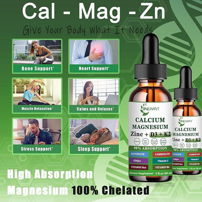 Calcium Magnesium Zinc Liquid Drops, Liquid Magnesium Glycinate 500mg Calcium 1000mg with Vitamin D3,K2,B6,B12,Coq10 for Bone Strength, Muscle Function,6X Stronger Than Gummies Capsules