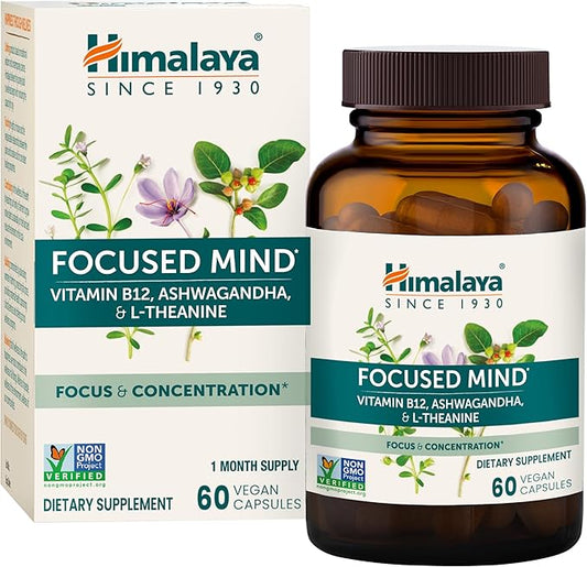 Himalaya Focused Mind with Ashwagandha, Bacopa & L-Theanine for Focus, Energy and Attention, 60 Capsules, 1 Month Supply, Vegan, Gluten Free