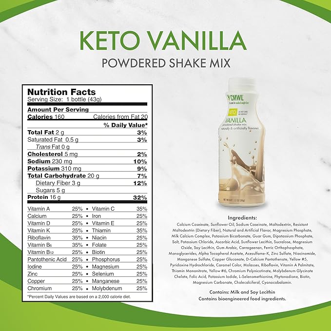 Keto Vanilla Powdered Protein Shake Mix | Meal Replacement | Support Weight Management 160 Calories, 16g Protein, 24 Vitamins & Minerals, Low Carb, Zero Trans Fat