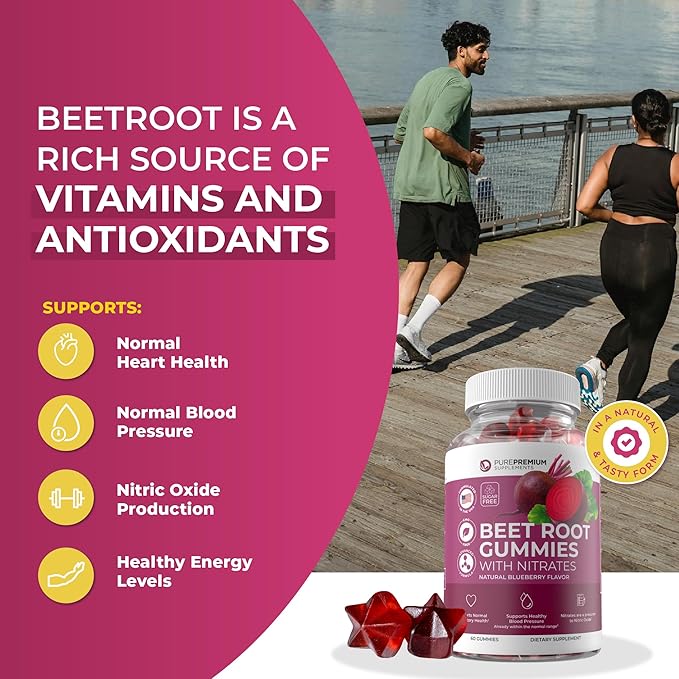 PurePremium Beet Root Gummies - 60 Sugar Free Beet Chews (50:1 Equivalent 1500 mg) - Super Nitric Oxide Gummies - Natural Blueberry Beets Chewables - Beets Supplements for Normal Blood Pressure