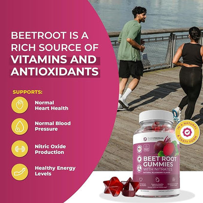 PurePremium Beet Root Gummies - 60 Sugar Free Beet Chews (50:1 Equivalent 1500 mg) - Super Nitric Oxide Gummies - Natural Blueberry Beets Chewables - Beets Supplements for Normal Blood Pressure