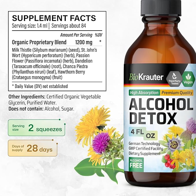 BIO KRAUTER Alcohol Detox Tincture - Liver Cleanse & Detox Formula - Milk Thistle & Dandelion - Liver Support Liquid Extract - Alcohol and Sugar Free - Vegan Liver Detox Drops 4 Fl.Oz.