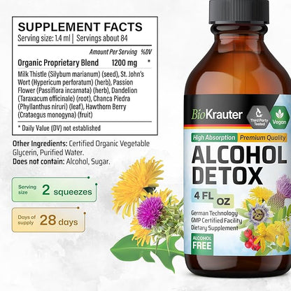 BIO KRAUTER Alcohol Detox Tincture - Liver Cleanse & Detox Formula - Milk Thistle & Dandelion - Liver Support Liquid Extract - Alcohol and Sugar Free - Vegan Liver Detox Drops 4 Fl.Oz.