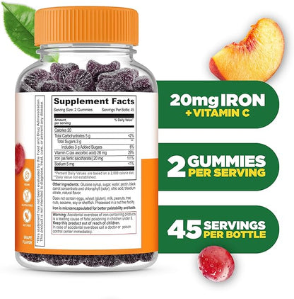 Lifeable Iron Gummies | 20mg | with Vitamin C | Great Tasting Blood Builder Iron Supplement | Iron with Vitamin C for Iron Deficiency | Iron Gummies for Women, Men, Adults | 90 Gummies