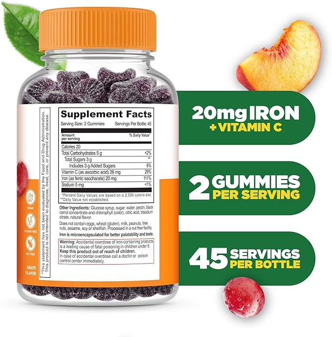 Lifeable Iron Gummies | 20mg | with Vitamin C | Great Tasting Blood Builder Iron Supplement | Iron with Vitamin C for Iron Deficiency | Iron Gummies for Women, Men, Adults | 90 Gummies
