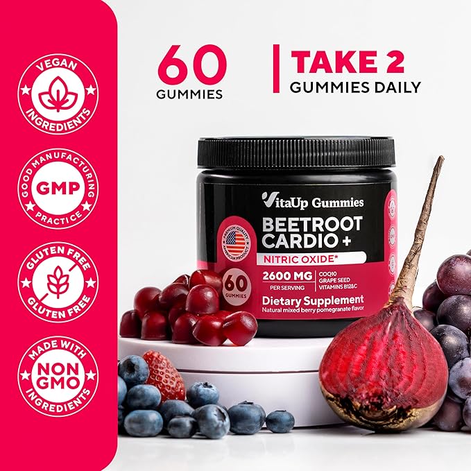 Beet Root Gummies - Cardio Beet Gummies 2600mg - Nitric Oxide Gummies with Beet Root, Grape Seed Extract, Coq10, Vitamin C & B12 - Beet Chews for Normal Blood Pressure & Heart Health – 60 Count