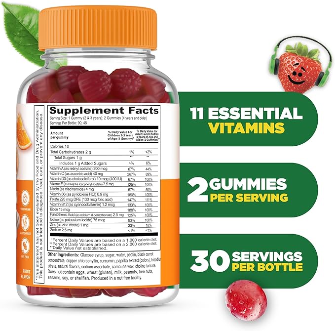 Lifeable Kids Multivitamin Gummies | Great Tasting Multivitamin for Kids | with Vitamins A, C, D, E, B6, B12, Zinc, Biotin, Folic Acid, Iodine, Niacin | for Overall Body Health | 90 Gummies