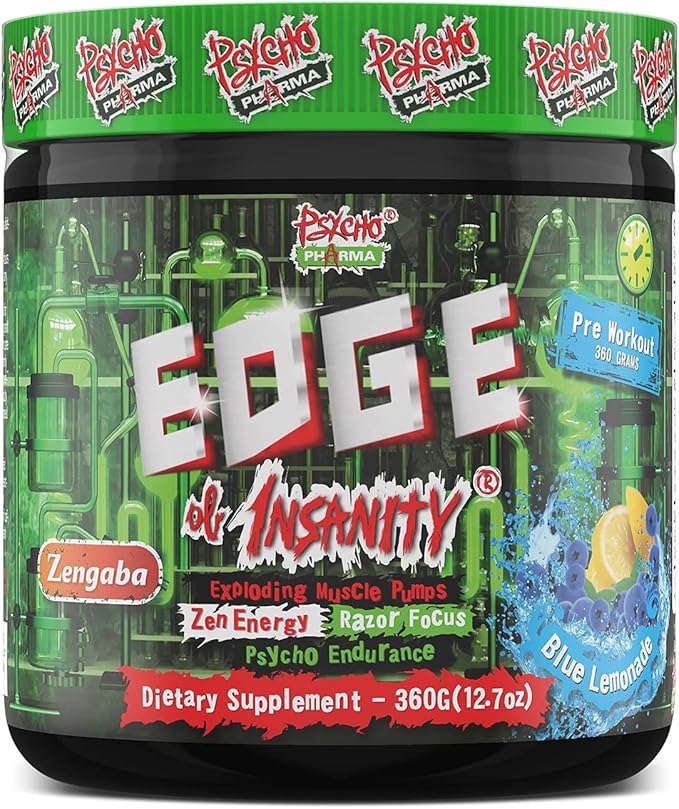 Psycho Pharma Strongest High Stim Preworkout Powder - Edge of Insanity - Most Intense Pre Workout Supplement for Pumps, Strength, Energy and Feel Good Focus. Rivals Famous PWOs of The Past