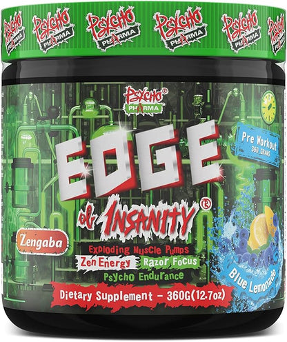 Psycho Pharma Strongest High Stim Preworkout Powder - Edge of Insanity - Most Intense Pre Workout Supplement for Pumps, Strength, Energy and Feel Good Focus. Rivals Famous PWOs of The Past