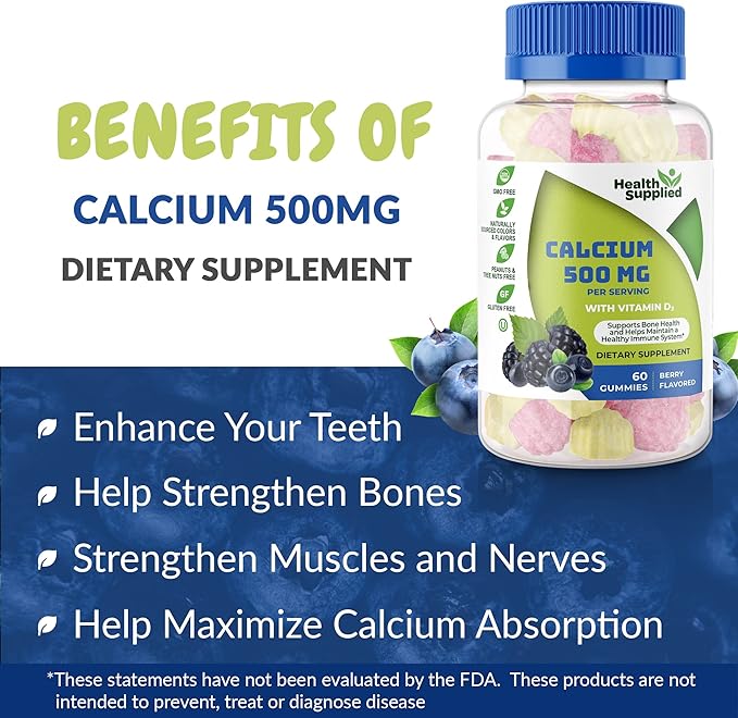 Calcium 500mg with Vitamin D3 1000 IU Gummies | Daily Dietary Supplement | Bone Strength, Growth, Teeth | for Adults, Teens, Kids | Great Tasting Natural Berry Flavor Vitamin Gummy