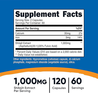 Nutricost Shilajit Capsules (1,000 mg Shilajit Per Serving), 120 Capsules | Shilajit Extract with Naturally Occuring Fulvic Acid - 60 Servings, Gluten Free, Non-GMO, Vegan Friendly Dietary Supplement