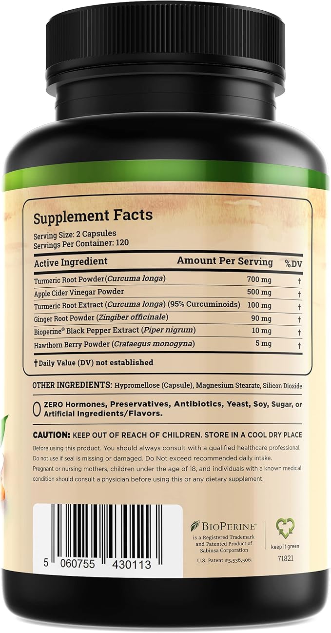 Turmeric Curcumin Supplement with Ginger & Apple Cider Vinegar (240 Count) - BioPerine Black Pepper, Tumeric & Ginger - 95% Curcuminoids & Joint Supplement - Antioxidant Tumeric Supplements Capsules