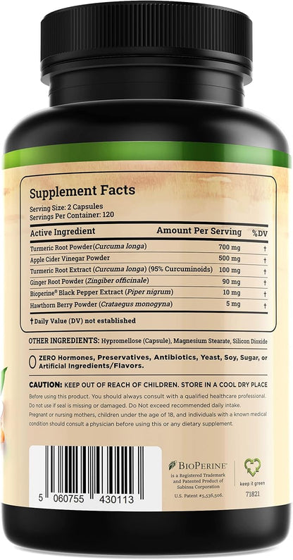Turmeric Curcumin Supplement with Ginger & Apple Cider Vinegar (240 Count) - BioPerine Black Pepper, Tumeric & Ginger - 95% Curcuminoids & Joint Supplement - Antioxidant Tumeric Supplements Capsules