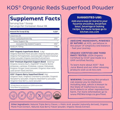 KOS Reds Superfood Powder for Antioxidants - USDA Certified Organic Beet Root, Goji Berries, Acai, Pomegranate, Coconut Water & Digestion Enzymes- Goji Berry Popsicle Flavor Juice Mix - 28 Servings