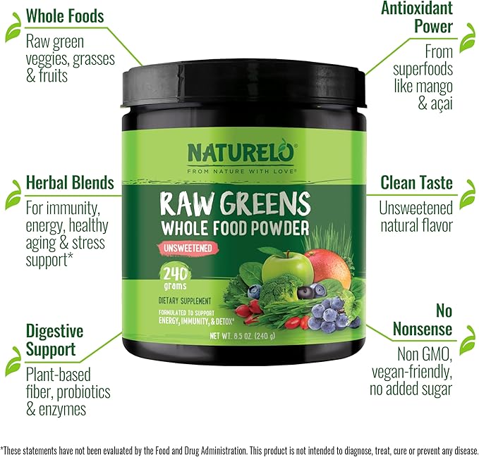 NATURELO Raw Greens Superfood Powder - Unsweetened - Boost Energy, Detox, Enhance Health - Organic Spirulina - Wheat Grass - Whole Food Nutrition from Fruits and Vegetables - 240 Grams