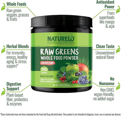 NATURELO Raw Greens Superfood Powder - Unsweetened - Boost Energy, Detox, Enhance Health - Organic Spirulina - Wheat Grass - Whole Food Nutrition from Fruits and Vegetables - 240 Grams
