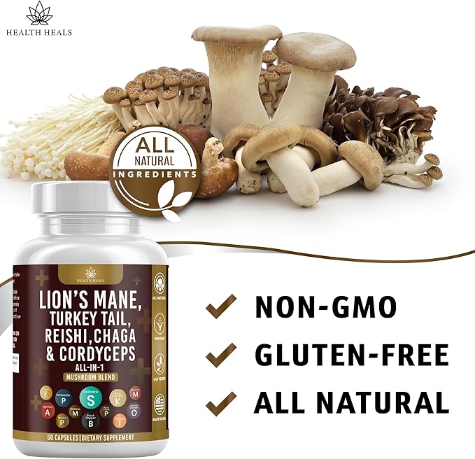 Mushroom Supplement with Turkey Tail 2000mg Reishi 1000mg Cordyceps Chaga 1000mg with Marshmallow Root - 120 Count